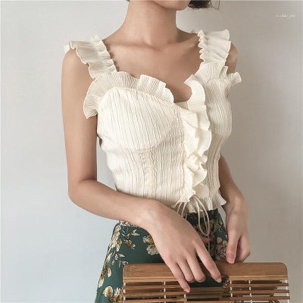 

women 2020 summer bandage lace-up crop woman clothes cropbustier ruffles tank female da donna1, White