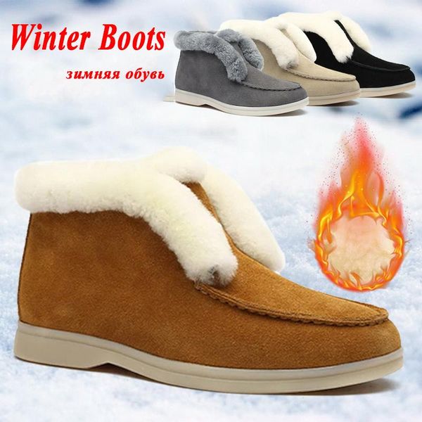 

ankle boots for women cow-suede-leather boots fur shoes warm winter slip-on snow flat shoes comfortable 2020, Black