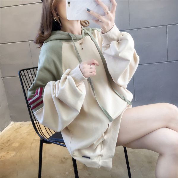 

осень футболку свитер 2020 корейский потерять цвет соответствия крупных женская одежда с капюшоном длинный рукав футболки и свитера женщин h, Black