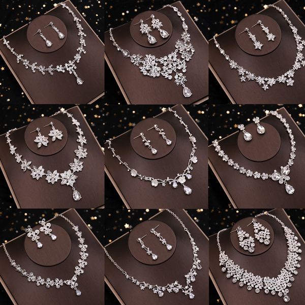 

new korean bridal wedding dress jewelry set alloy rhinestone necklace earrings studio accessories, Silver