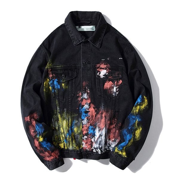 

men designers clothes 2020 high-quality casual women's jacket destroyed old hand-painted graffiti splash ink denim jacket jacket a11, Black;brown