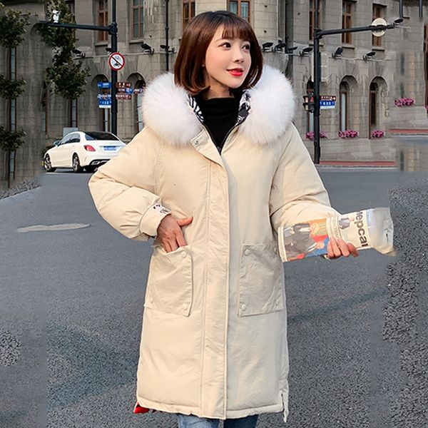 

2019 new design double 2 sides winter jacket women oversize loose hooded with fur female coat padded outwear parka