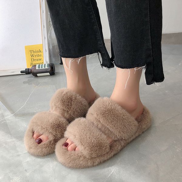 

woman slippers furry fluffy flat shoes household slippers women 2020 new summer fashion all-around breathable shoes fur slides x1020, Black