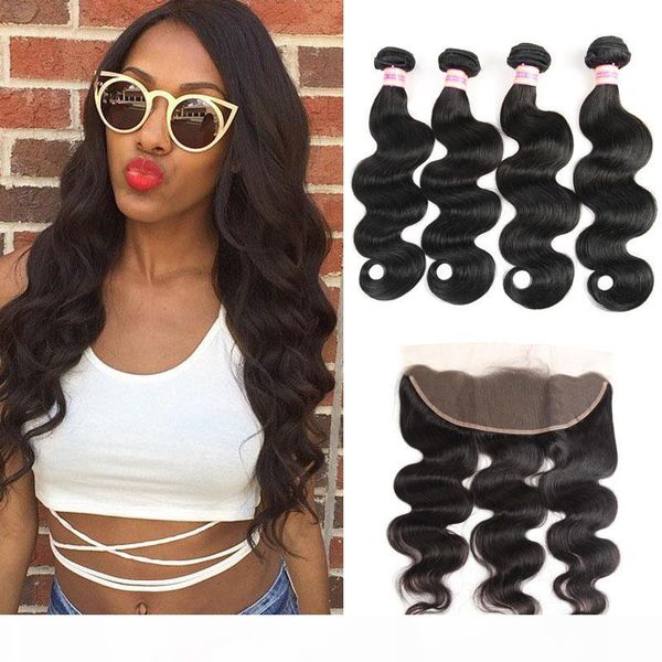 

brazilian virgin body wave hair weaves 3 bundles with frontal closure brazilian straight hair unprocessed human hair frontal and bundles, Black;brown