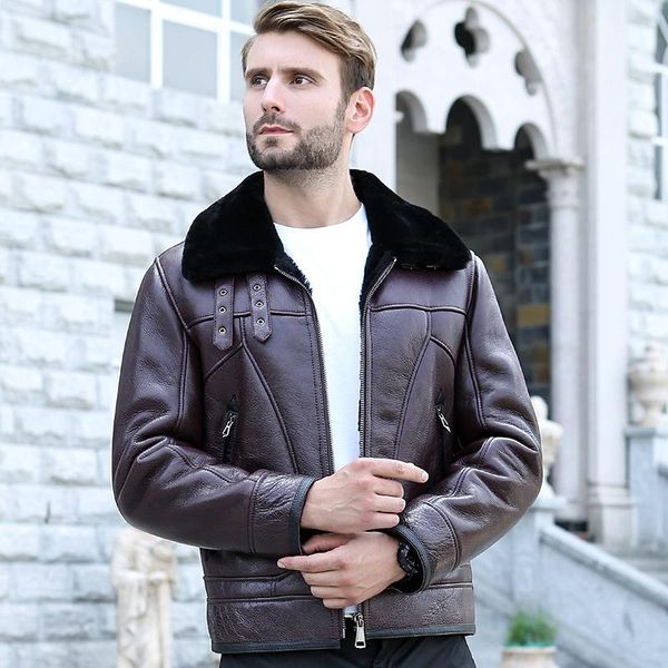 

men's leather & faux real sheep shearing coat natural wool aviation winter jacket men casaco 12-ll1829-1 yy1147, Black