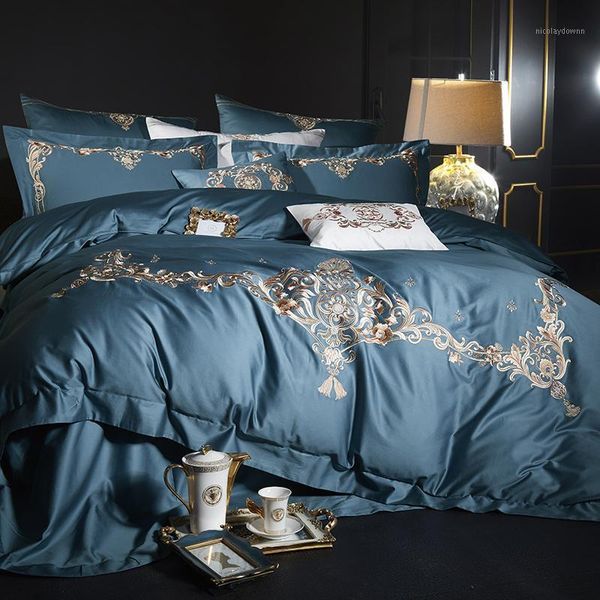 

king size egyptian cotton blue bedding set  king size embroidery quilt/duvet cover bedsheet set pillowcase1