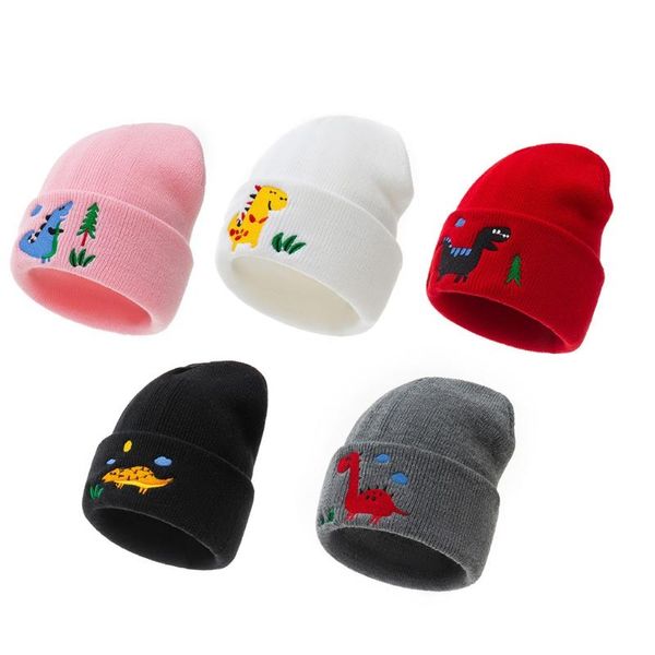 

infant kids baby winter knitted beanie hat cute cartoon dinosaur embroidered solid color outdoor warm cuffed skull cap, Blue;gray