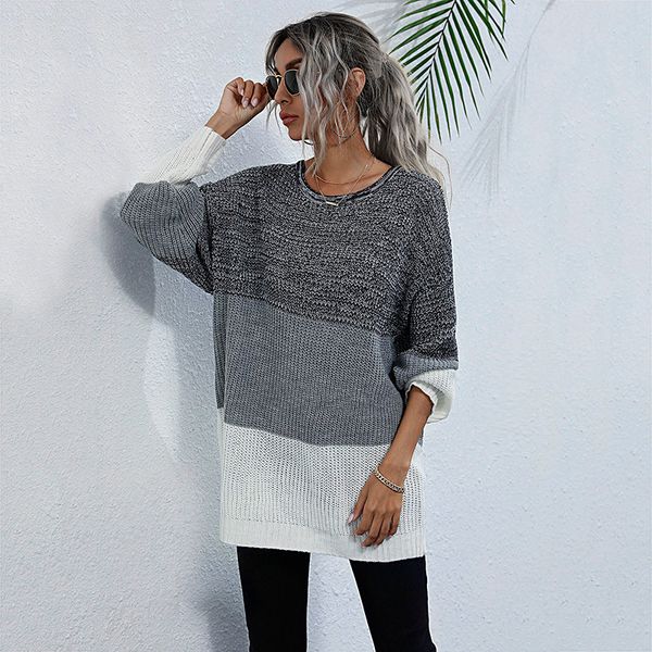 

loose color blocked thin sweaters autumn female knitted jumpers o neck long oversized pullovers fall women's clothing 201130, White;black