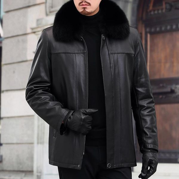 

men's leather & faux haining paragraph thick men long coat collars in laos year sheep skin layer of fur coats, Black