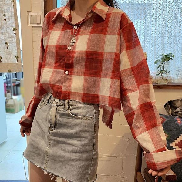 

women short section blouse vintage plaid print lapel shirt loose long sleeve elegant and blouses blusas mujer de moda1, White