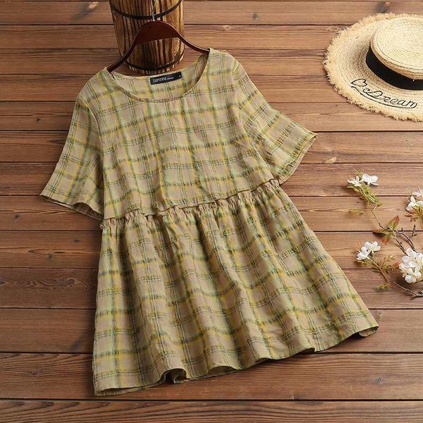 

holiday kaftan loose high waist o-neck summer shirt zanzea women print plaid chemise casual short sleeve blouses plus size, White