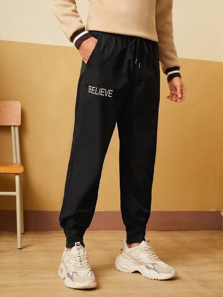 

men letter embroidery drawstring waist joggers e3h6#, Black
