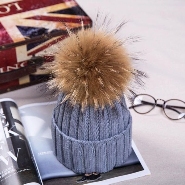 

15cm pom poms winter hat for women girl 's real raccoon ball wool hats thick female knitted cotton beanies cap, Blue;gray