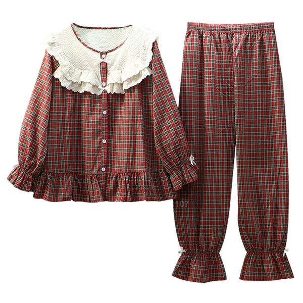

mori girl pajamas set ruffle peter pan collar medieval dirndl women trousers renaissance plaid flare sleeve nighgown pyjamas y200425, Black;red