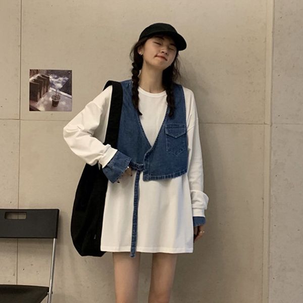 

осень 2020 новый корейский дизайн чувство джинсовой шить свободный длинный рукав футболки жилет футболку vestwomen жилет два кусок моды ssbv, White