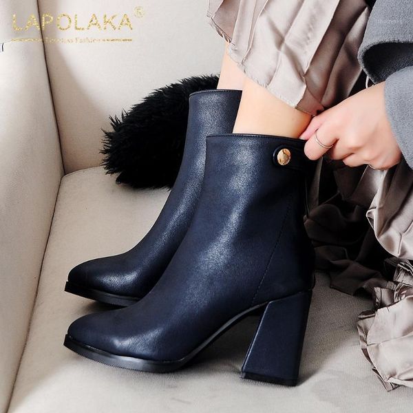 

lapolaka 2020 big size 43 fashion boots woman shoes high heels concise comfy pointed toe zip up ankle boots female1, Black