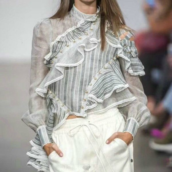 

new arrival of women blusa runway ruffles luxo former female lace out camisa listrada boop, White