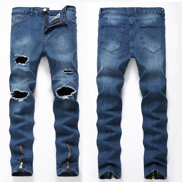 

ripped jeans men's slim straight korean version of the trend fashion personality patch beggar pants1, Blue