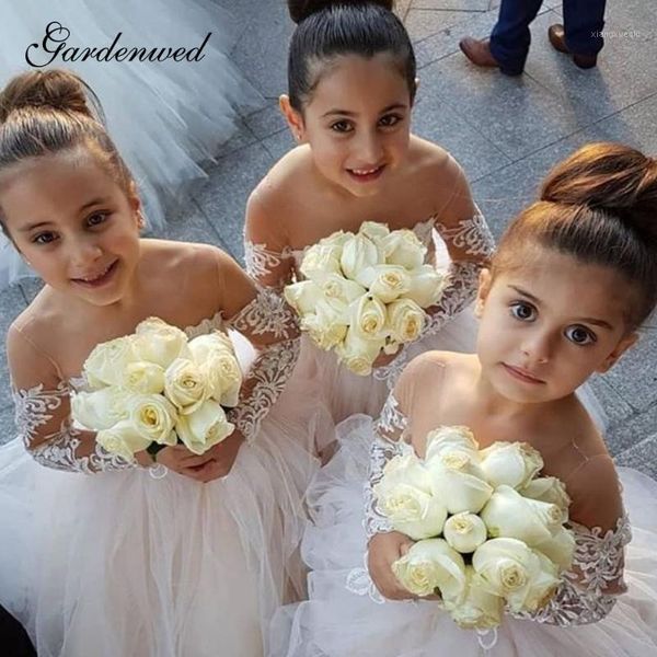

gardenwed 2021 celebrity prom dress lace appliques sleeve tulle scoop bow sashes pearls kids flower girl dresses1 girl's dresses, Red;yellow