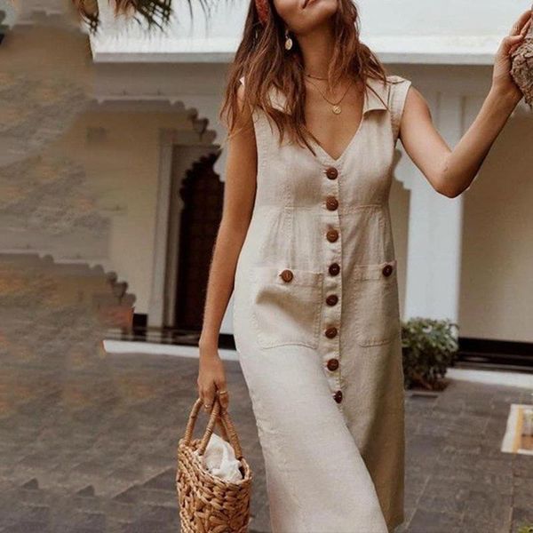 

deep v-neck dress women long button dresses casual loose vestidos cotton linen boho beach dress tunic maxi1, Black;gray