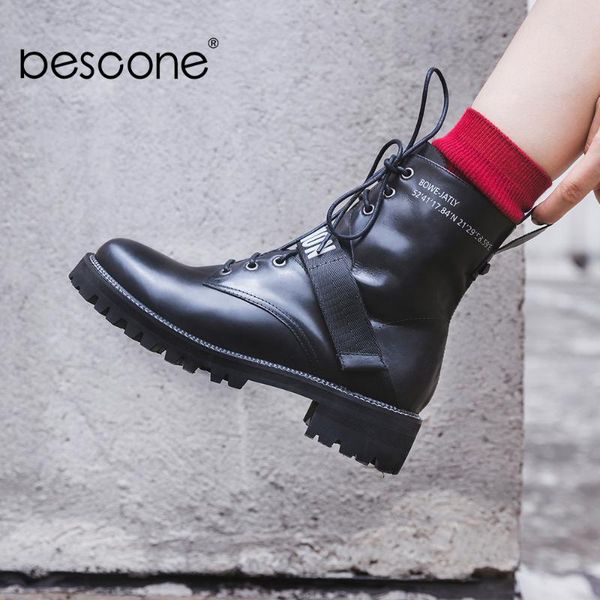 

bescone genuine leather women boots casual lace-up handmade 3.5 cm med heel shoes winter basic square heel ladies boots bo299, Black