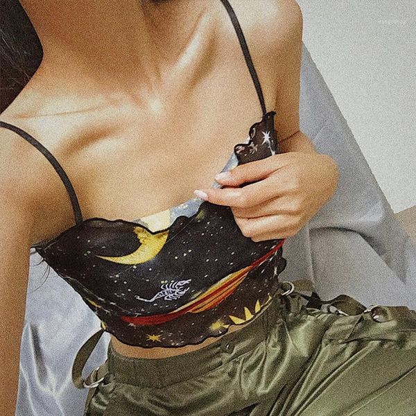 

galaxy print ruffle mesh see through crop 2019 summer women off shoulder slash neck camisole female t shirt1, White
