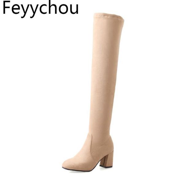 

women boots high heel autumn winter warm plush over-the knee boots zip 2020 new fashion flock motorcycle beige black gray