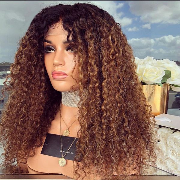 

honey blonde ombre silk base human hair wigs glueless virgin peruvian kinky curly remy hair lace front wig two tone color 1b 30, Black;brown