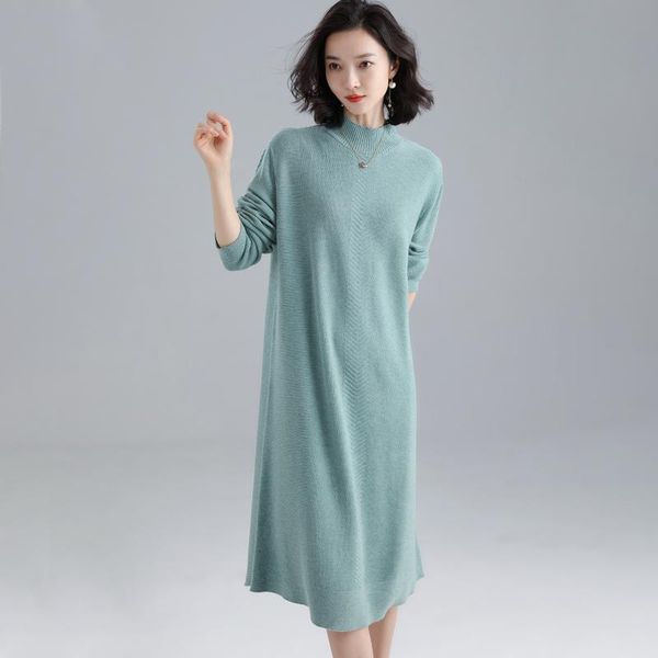 

women cashmere dress autumn elegant solid color sweater long knit clothing pullovers for lady, White;black
