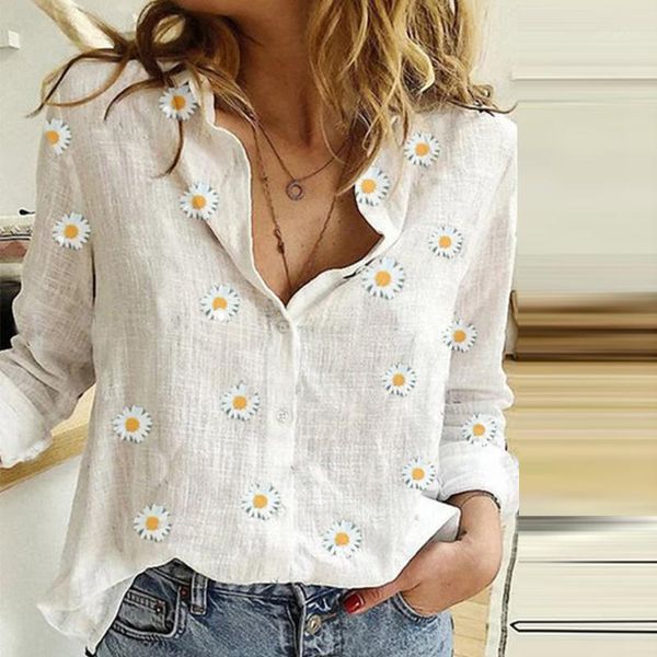 

women's daisy print shirts 35% cotton long sleeve female 2020 spring summer loose casual office ladies shirt plus size 5xl1, White