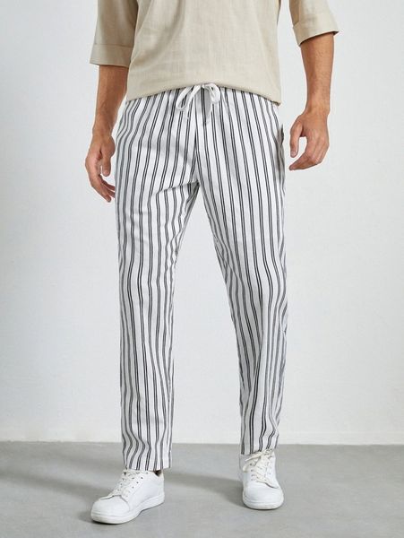 

men vertical stripe drawstring waist pants k3um#, Black