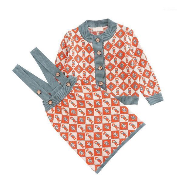 

clothing sets wind girls clothes set 2021 autumn long sleeve plaid printed kids warm knitted cardigan coat+overall skirt toddler clothes1, White