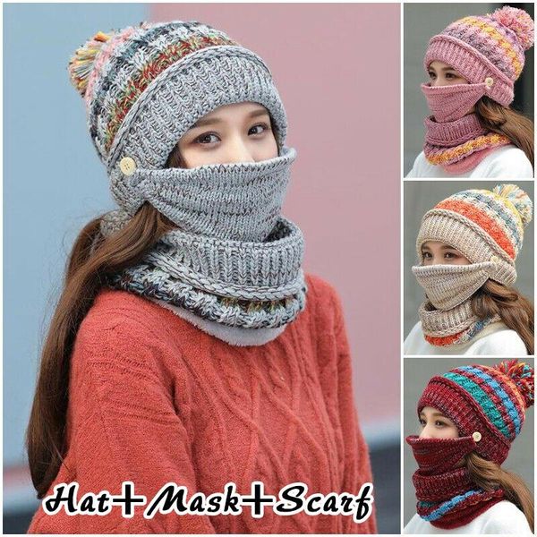 

anti-fog dustproof fashion knitted wool cap women winter versatile warm hat scarf face mask three-piece set 6 color, Blue;gray