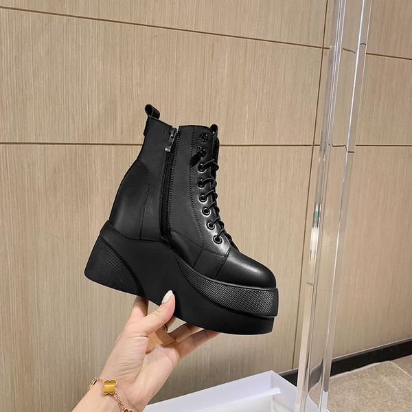 

winter shoes natural genuine leather boots women ankle bottom thick wedge fashion warm female boots cowhide snow casual, Black