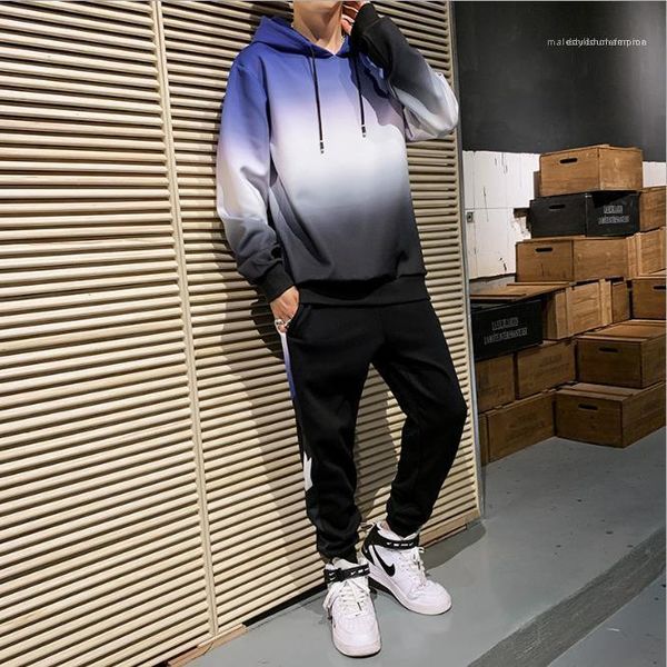 

hooded patchwork sweatshirts set autumn winter male clothing gradient color mens designer fleece tracksuits long sleeve fashion, Gray