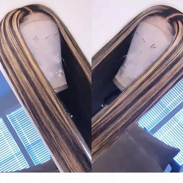 

lace front human hair wig straight highlight honey blonde brown lace frontal wig pre plucked brazilian remy for women, Black;brown