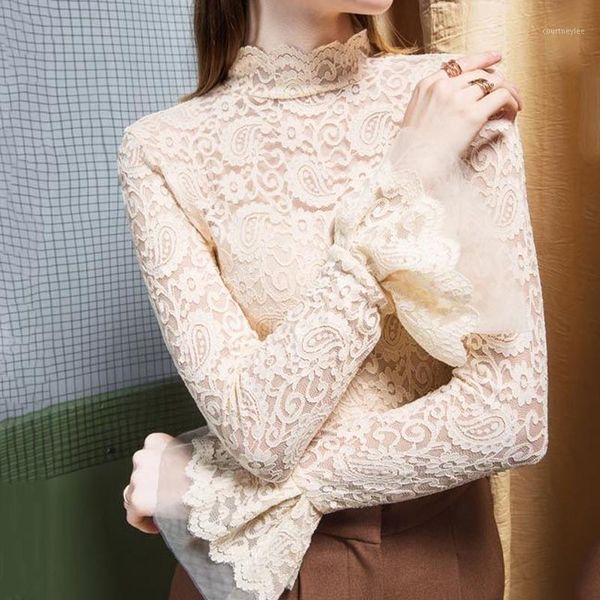 

office lady half turtleneck long sleeve sheer lace blouse autumn women transparent shirt spring womens and blouses1, White