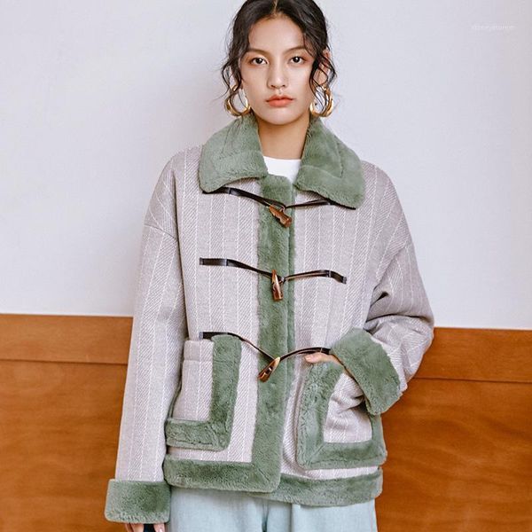 

women's fur & faux winter women lambswool overcoats luxury short casual thick warm plus size female cloth 2021 grey striped1, Black