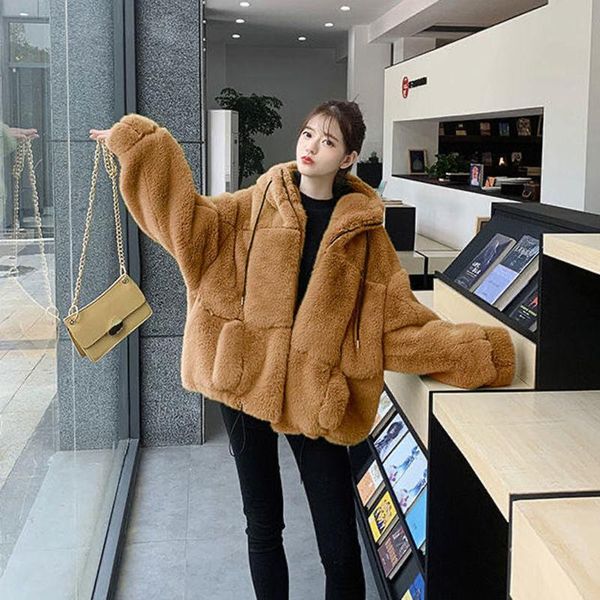 

lush thick slim pink faux fur jacket fake fur coats chaqueta mujer 2020 faux women coat with hood fashion zipper p, Black