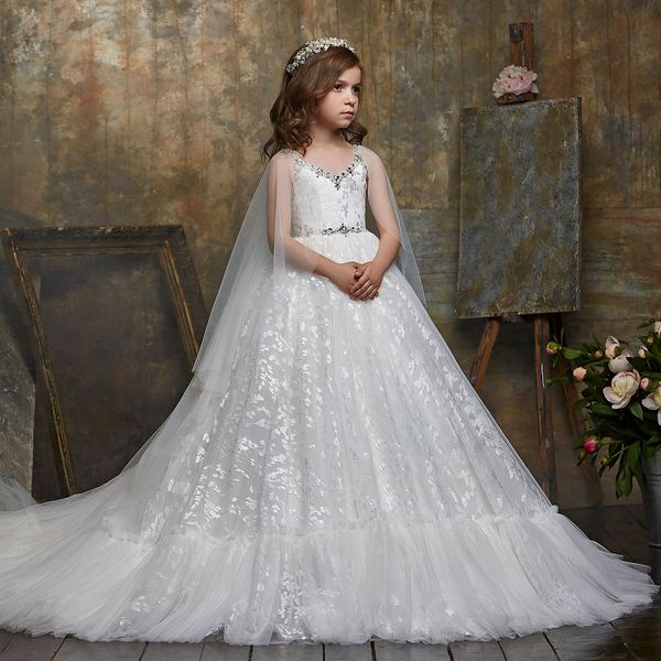 

beaded lace ball gown flower girl dresses with wrap for wedding toddler pageant gowns tulle sweep train first communion dress, White;blue