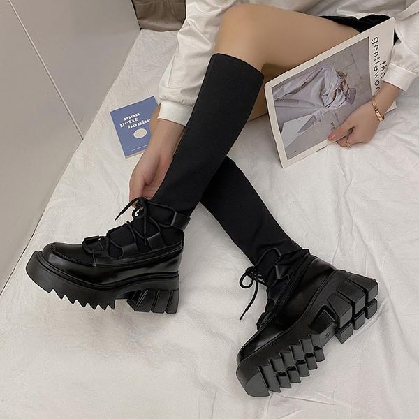 

winter boots women knee high long boots split leather fashion lace-up snow non-slip black sock shoes woman 2021 new