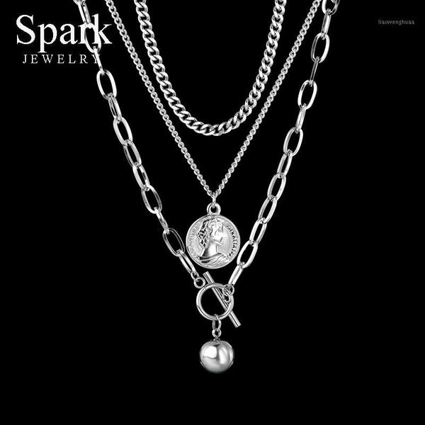 

spark punk stainless steel round bead elizabeth pendant necklace multi-layer detachable chain necklaces for women men party gift1, Silver