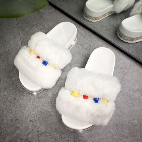 

ins women crystal fur slipper woman thick bottom slide women's mix color bling flats ladies footwear female shoes plus size 43 x1020, Black