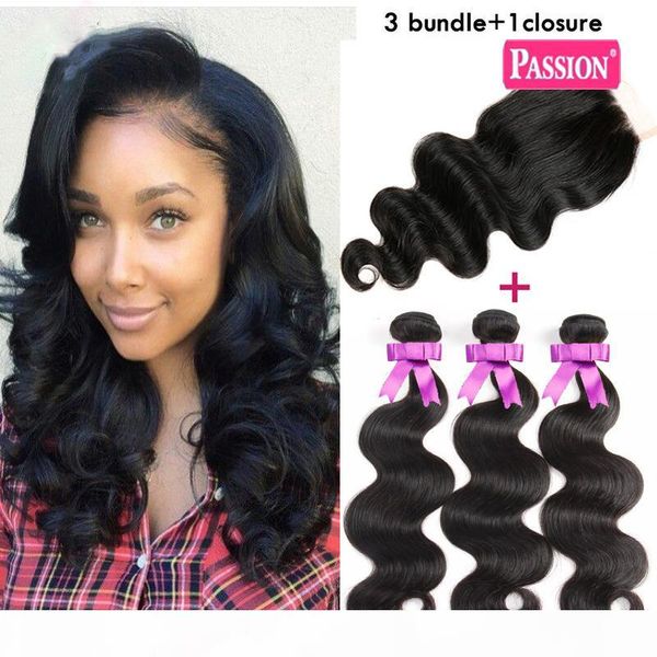 

brazilian body wave with closure 3 bundles unprocessed virgin brazilian hair with closure tissage bresilienne avec closure wth bundles, Black