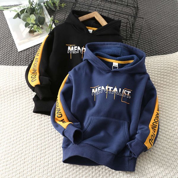 

autumn and winter boys' plush hooded sweater with letter printing korean pullover, Black