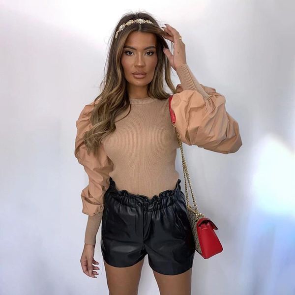 

2021 autumn women's solid color shirts new lantern sleeve stitching blouse vintage knit winter spring new s-l, White