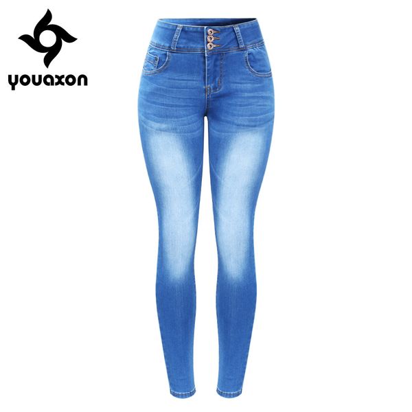 

2143 youaxon new arrived plus size faded jeans for women stretchy push up denim skinny pants trousers 1017, Blue