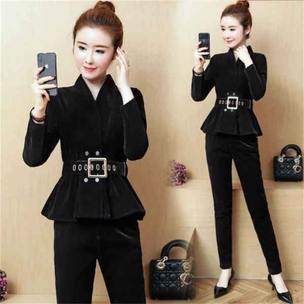 

gold 2-piece female velvet sweater lady from korean office luxury piece of two garments woman suit clothes m7d9, White