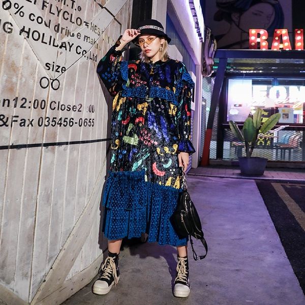 

large size women's 2020 autumn dress long skirt dress new velvet stitching ruffled long skirt 2pul3, Black;gray