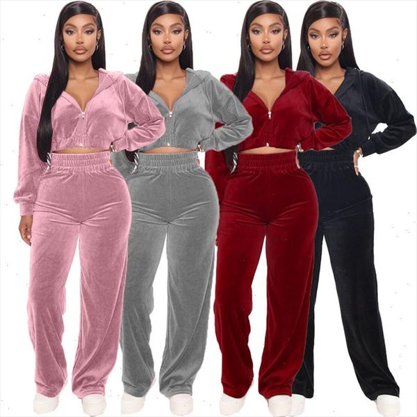 

autumn winter velvet womens set zipper hoodies straight pants set tracksuit two piece outfit active sweatsuit, Gray